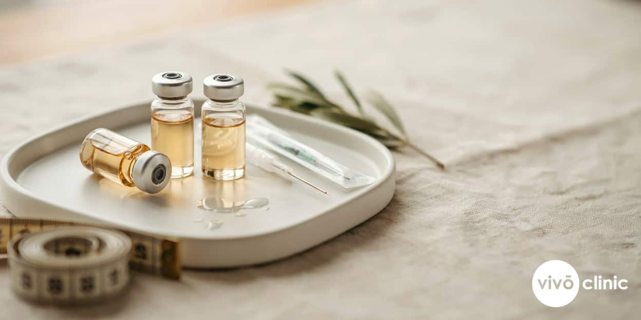 Photorealistic still life of Aqualyx fat-dissolving injection vials and a fine needle arranged on a clean clinical tray beside a measuring tape, representing localised fat treatment