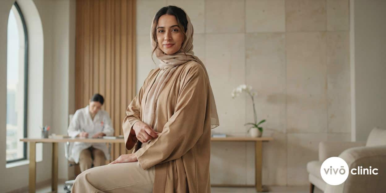 Middle Eastern woman in modest clothing pinching a small pocket of fat at her flank during an Aqualyx suitability assessment at VIVO Clinic Dubai