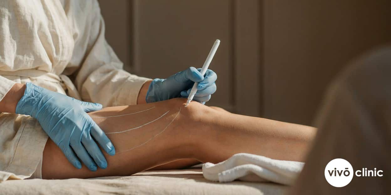 Practitioner’s gloved hands marking white treatment guidelines on a Middle Eastern woman’s outer thigh ahead of localised fat-dissolving treatment at VIVO Clinic Dubai