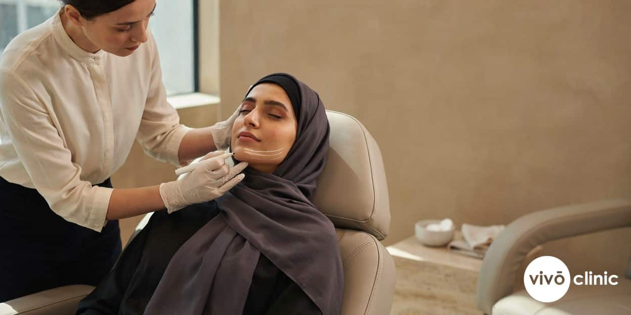 Practitioner in modest attire drawing white cosmetic marking lines beneath a Middle Eastern woman's chin to map Aqualyx fat-dissolving treatment areas at VIVO Clinic Dubai