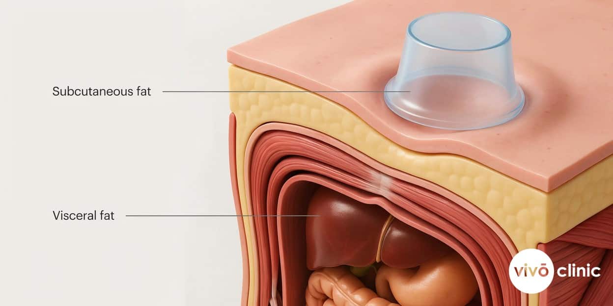 Photorealistic technical cross-section render of human skin showing the thin subcutaneous fat layer just beneath the surface being drawn upward into a cooling cup, contrasted with deeper firm visceral fat around the organs that cannot be treated, with embedded labels reading subcutaneous fat and visceral fat