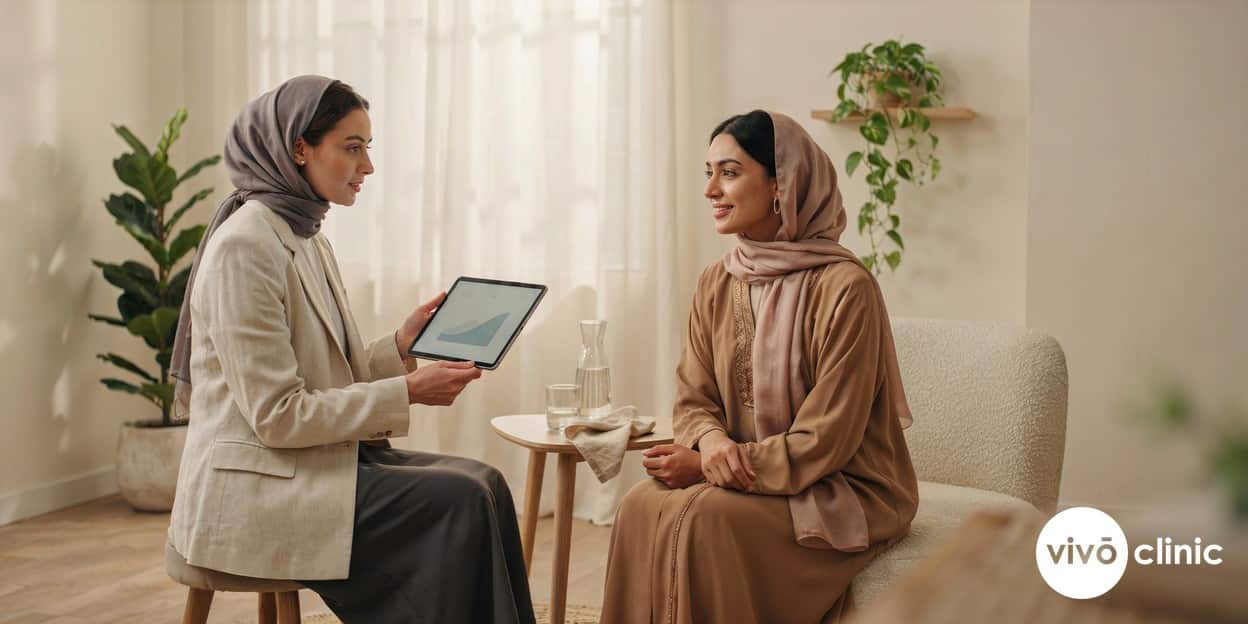 Middle Eastern woman in modest attire smiling during a consultation as a practitioner explains a combined treatment plan on a tablet at VIVO Clinic Dubai, no device or handpiece in frame