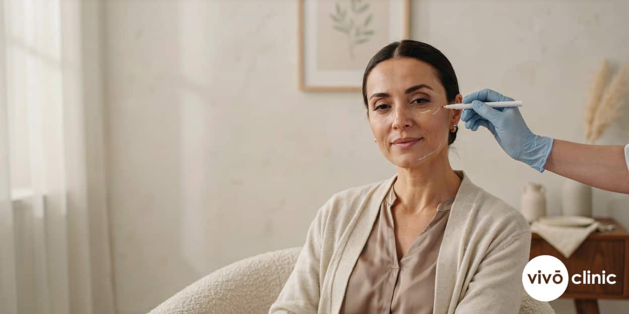 Middle Eastern woman in modest dress having her jawline and cheeks assessed with white cosmetic marking lines during a HIFU skin tightening suitability consultation at VIVO Clinic Dubai