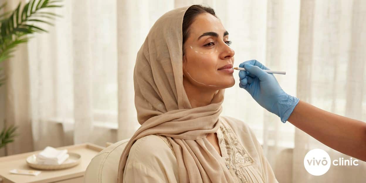 Middle Eastern woman in modest dress having her jawline and cheeks assessed with white cosmetic marking lines during a HIFU skin tightening suitability consultation at VIVO Clinic Dubai