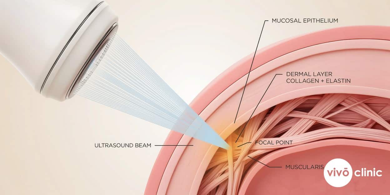 Photorealistic technical cross-section render of the vaginal wall showing focused ultrasound energy converging at a single point beneath the surface to stimulate collagen and elastin remodelling, with subtle embedded depth labels
