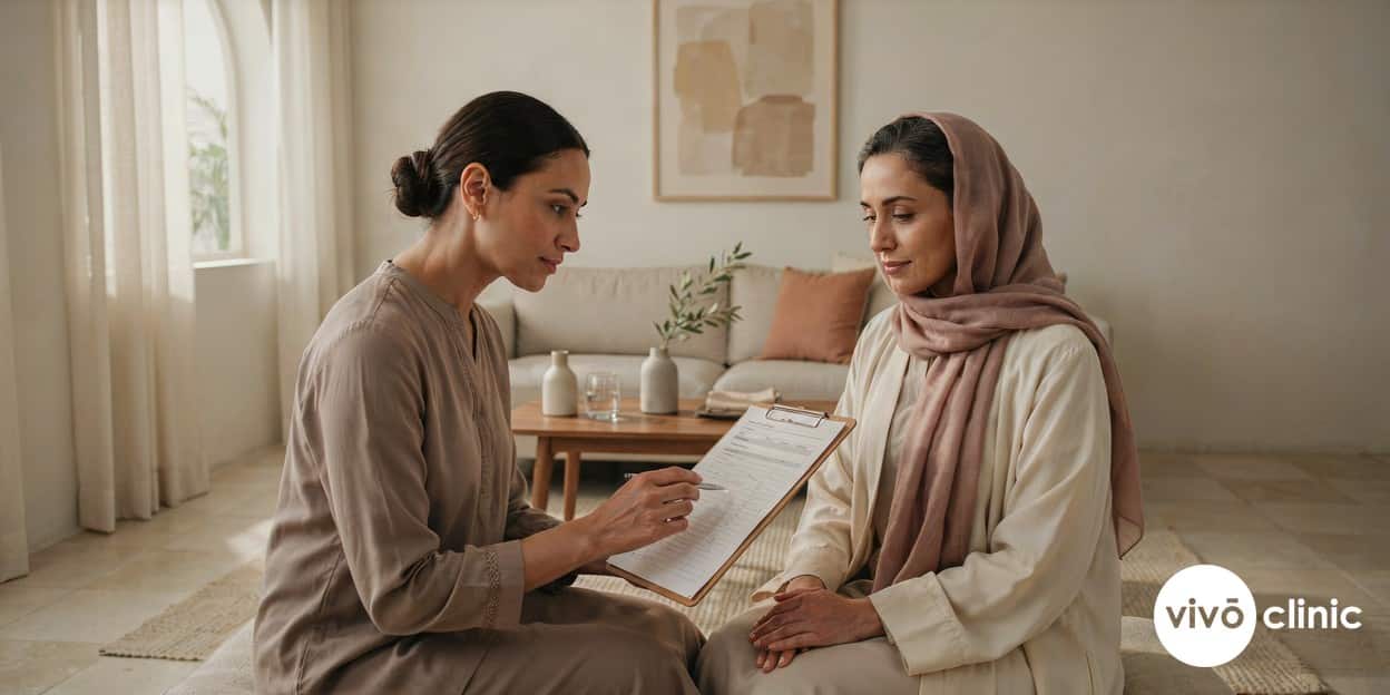 Female practitioner in modest attire reviewing a confidential medical history form with a Middle Eastern woman before HIFU vaginal treatment, checking contraindications in a calm private consultation room