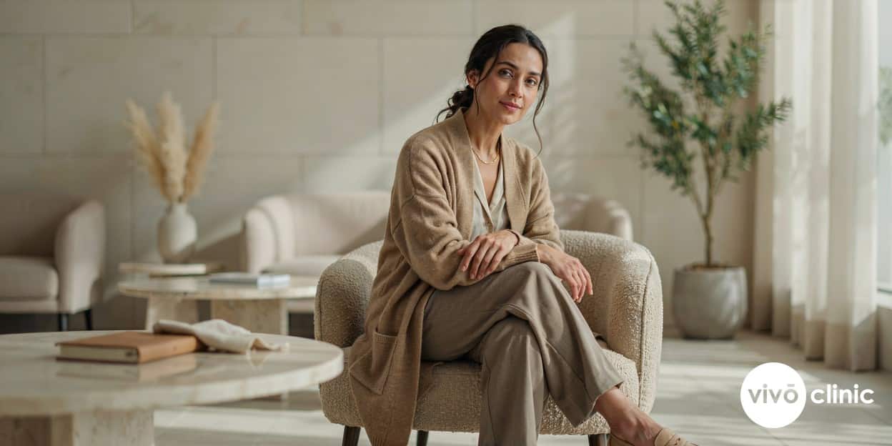 Middle Eastern woman in modest clothing looking calm and reassured after a private suitability consultation at VIVO Clinic Dubai, seated in a warm, discreet clinic waiting area