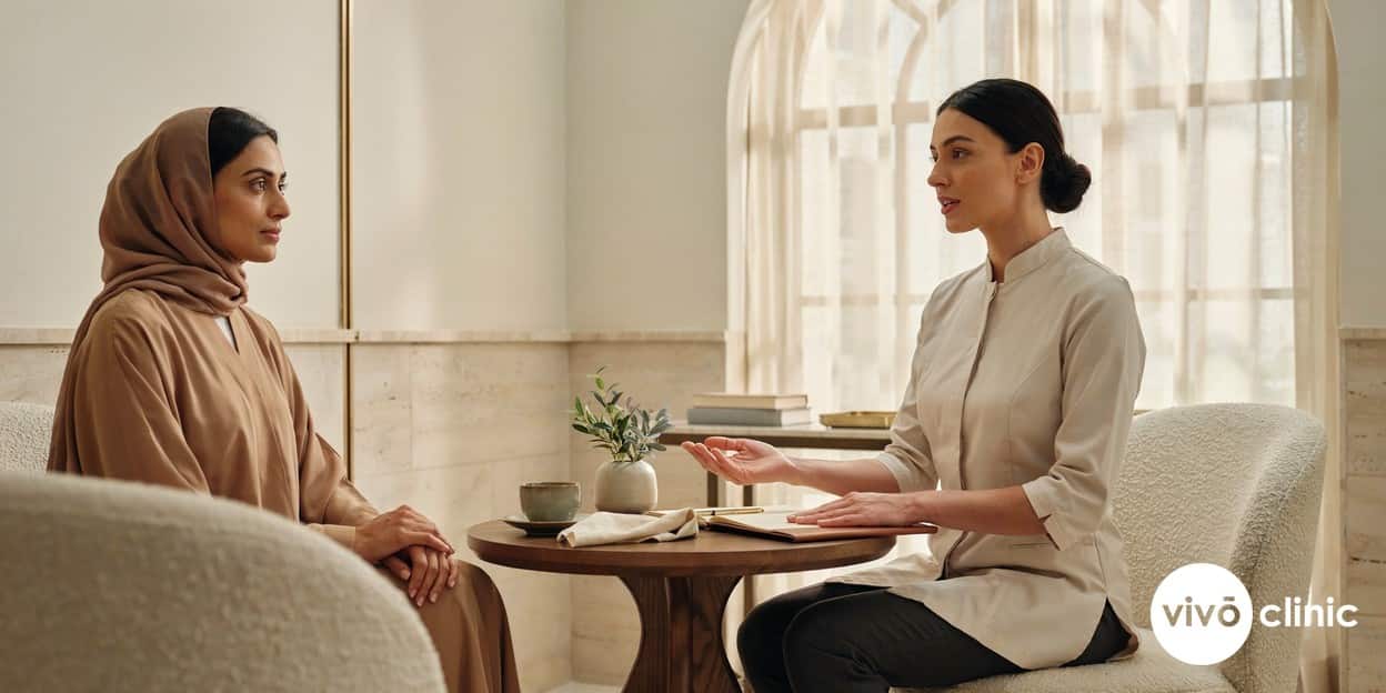 Middle Eastern woman in modest dress speaking with a female practitioner during a confidential HIFU vaginal treatment suitability consultation at VIVO Clinic Dubai