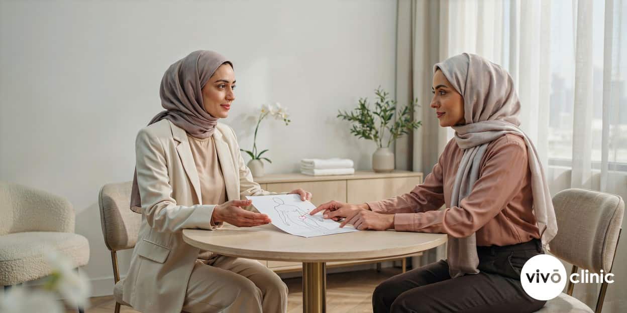 Middle Eastern practitioner and client in modest dress discussing suitability with a body-area diagram during a fat freezing consultation at VIVO Clinic Dubai
