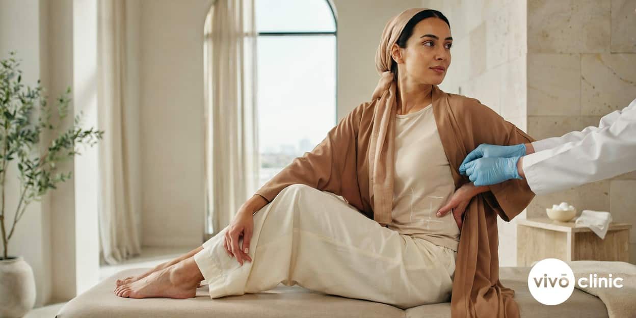 Middle Eastern woman in modest dress having a pinchable flank fat bulge assessed with white cosmetic marking lines during a fat freezing suitability consultation at VIVO Clinic Dubai