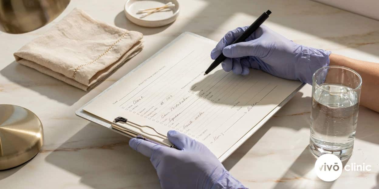 Practitioner’s gloved hands holding a clipboard reviewing a patient medical history form during a plasma eye lift safety screening at VIVO Clinic Dubai