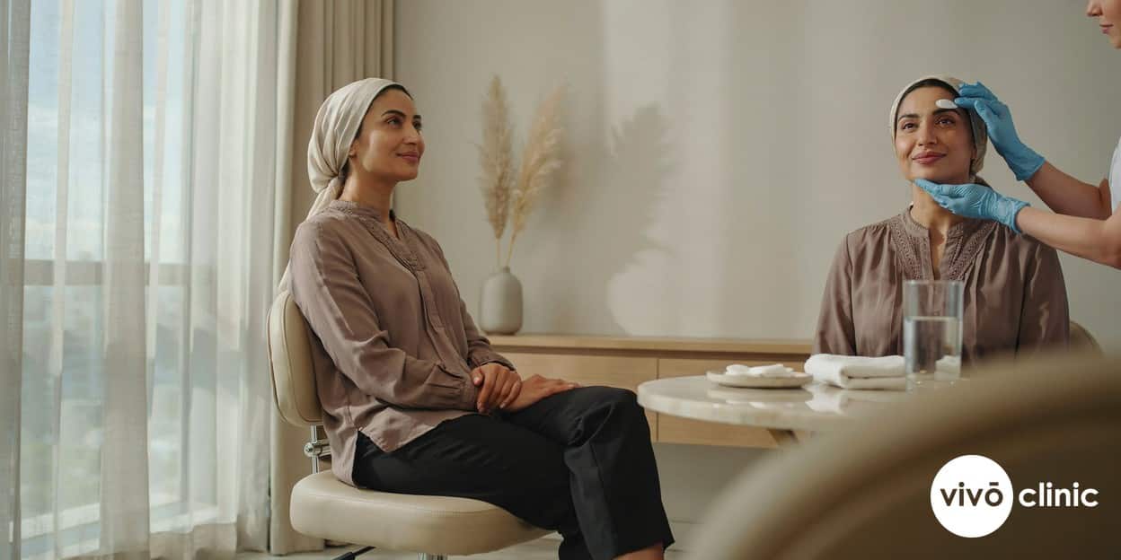 Middle Eastern woman in modest dress having her upper eyelid skin assessed during a plasma eye lift suitability consultation at VIVO Clinic Dubai