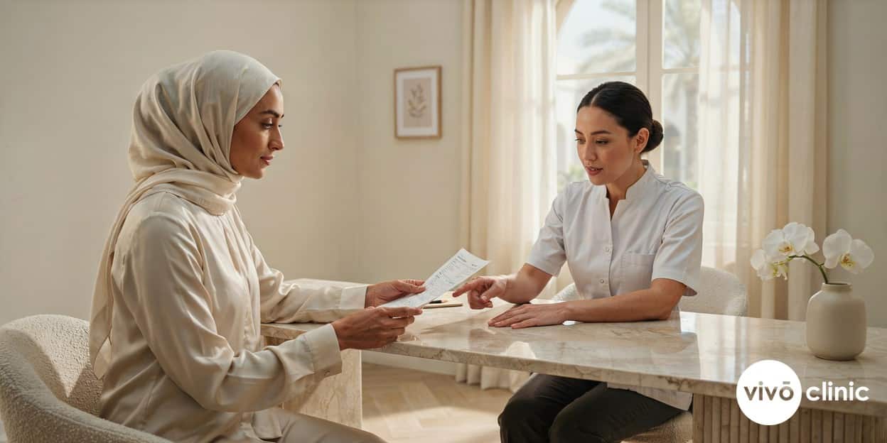 Middle Eastern woman in modest dress during an Aqualyx suitability consultation with a practitioner reviewing her medical history at VIVO Clinic Dubai