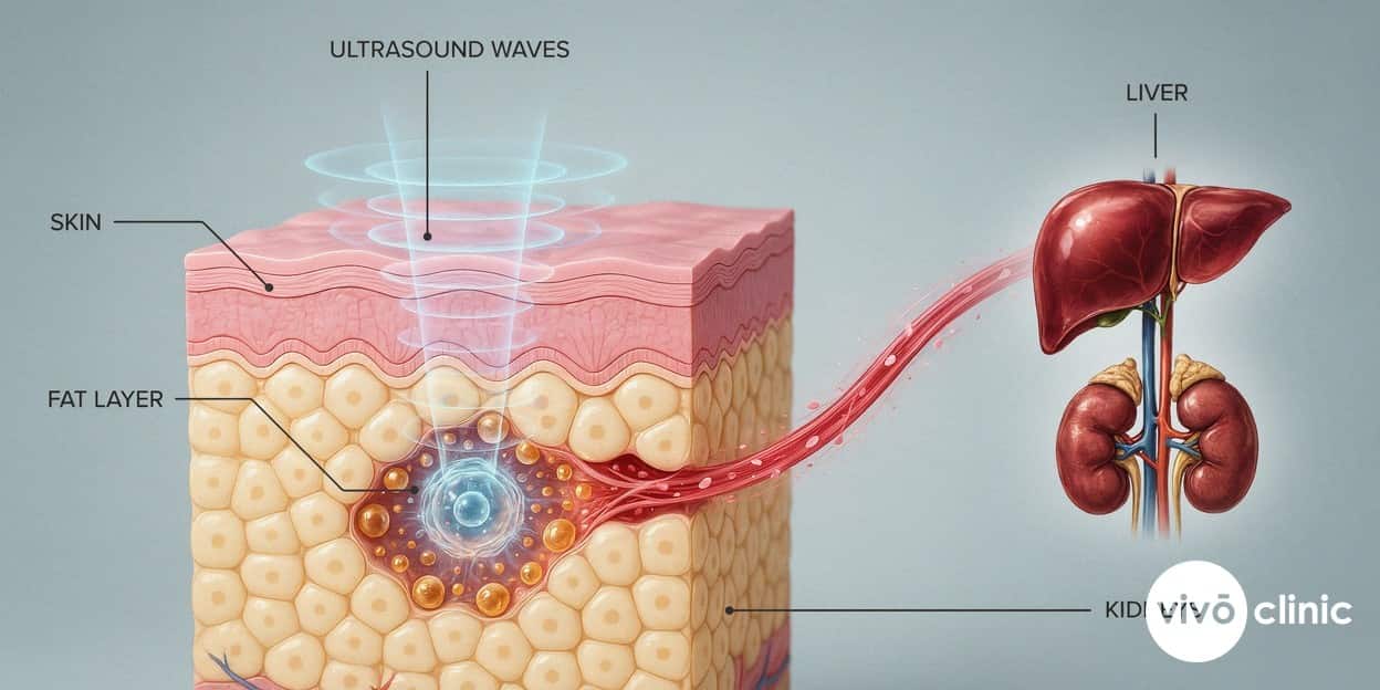 Photorealistic technical cross-section render of skin and the underlying fat layer during ultrasound cavitation, showing acoustic waves forming microscopic bubbles that disrupt fat cells, with the liver and kidneys labelled as the organs that process the released fat