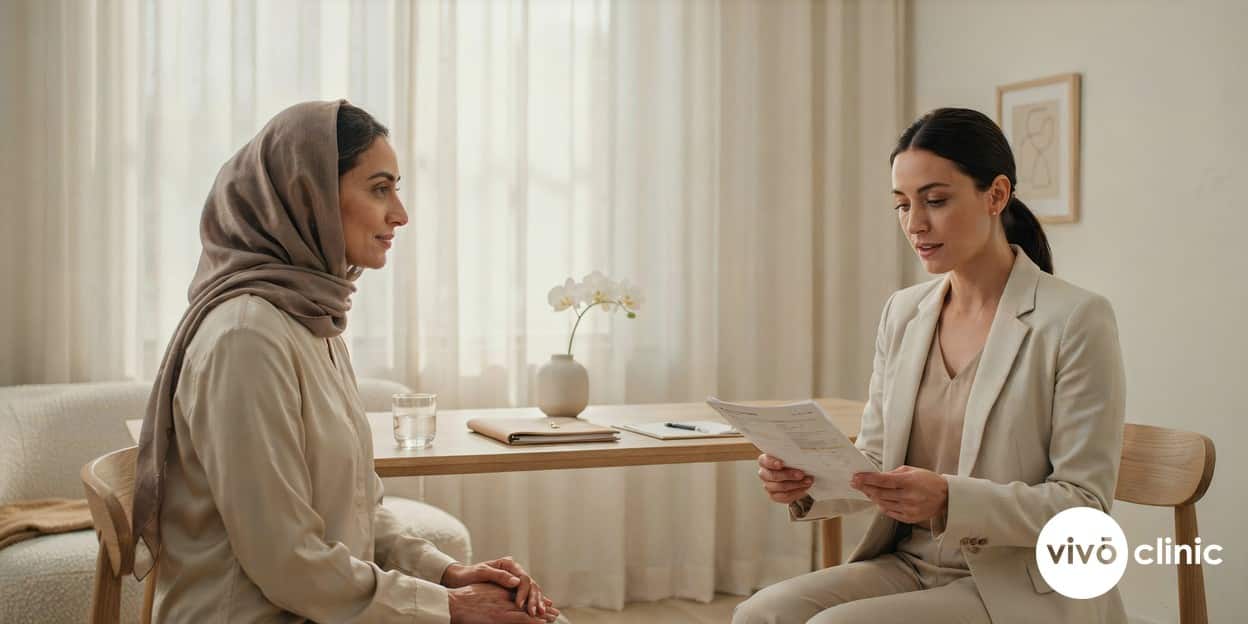 Middle Eastern woman in modest dress sitting with a practitioner reviewing her medical history at a calm, premium clinic in Dubai before ultrasound cavitation, no device, machine or handpiece anywhere in frame