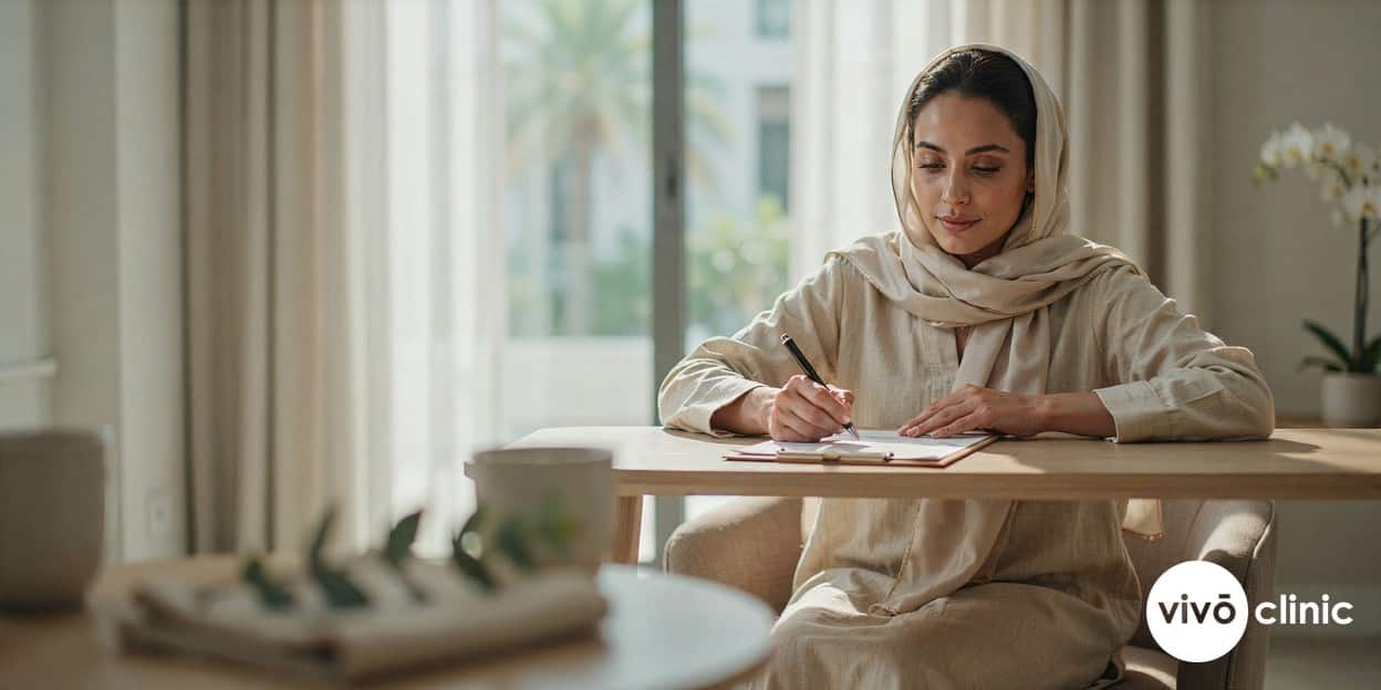 Middle Eastern woman in modest dress completing a medical consultation form before ultrasound cavitation at VIVO Clinic Dubai, where contraindications are checked before treatment