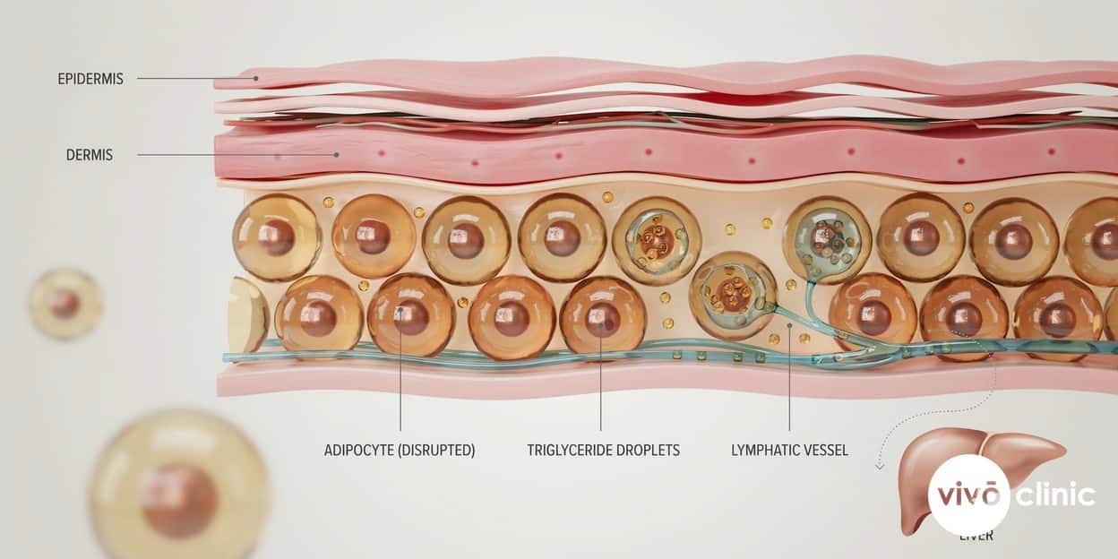 Photorealistic technical cross-section render of the fat layer after ultrasound cavitation, showing disrupted fat cells releasing triglycerides into the lymphatic system on their way to the liver