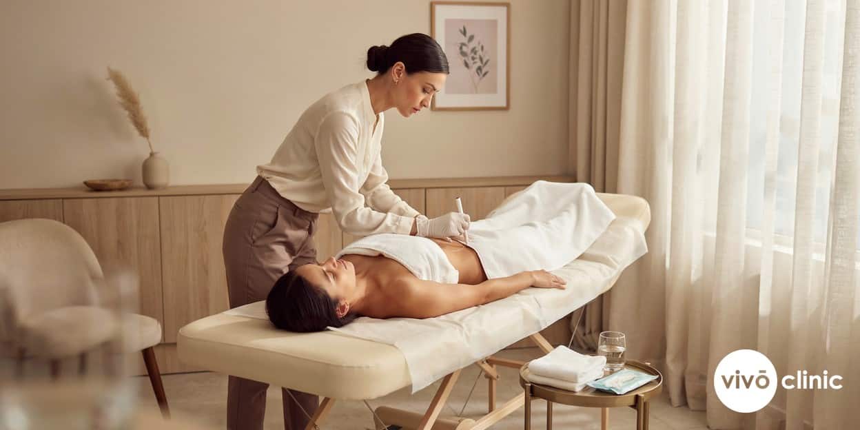 Practitioner in modest attire marking white guideline measurements on a Middle Eastern woman’s abdomen during an ultrasound cavitation aftercare consultation at VIVO Clinic Dubai