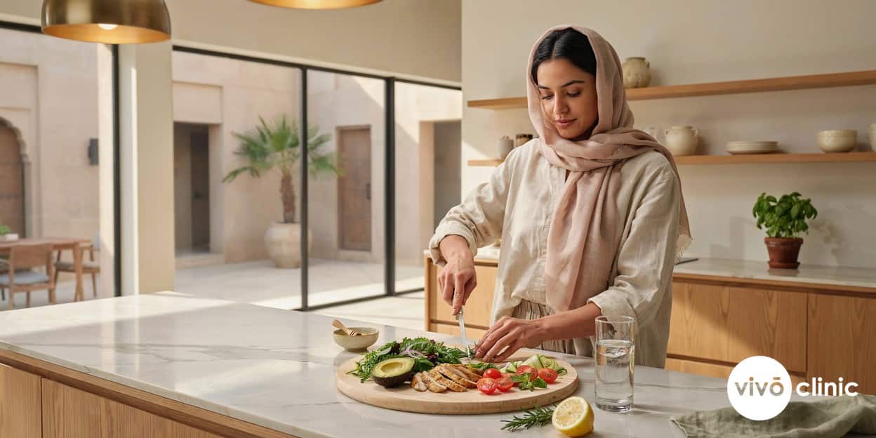Middle Eastern woman in modest clothing preparing a fresh low-carbohydrate salad in a bright Dubai kitchen as part of her cavitation aftercare routine