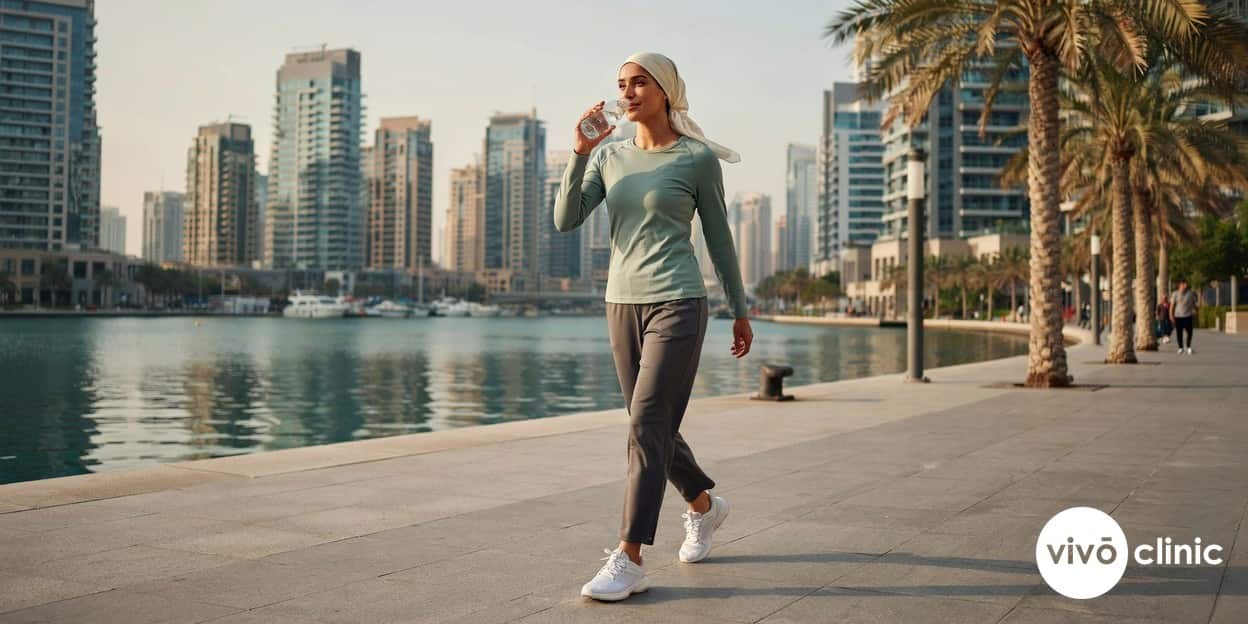 Middle Eastern woman in modest activewear drinking water on a brisk walk after an ultrasound cavitation session at VIVO Clinic Dubai, illustrating hydration and exercise aftercare