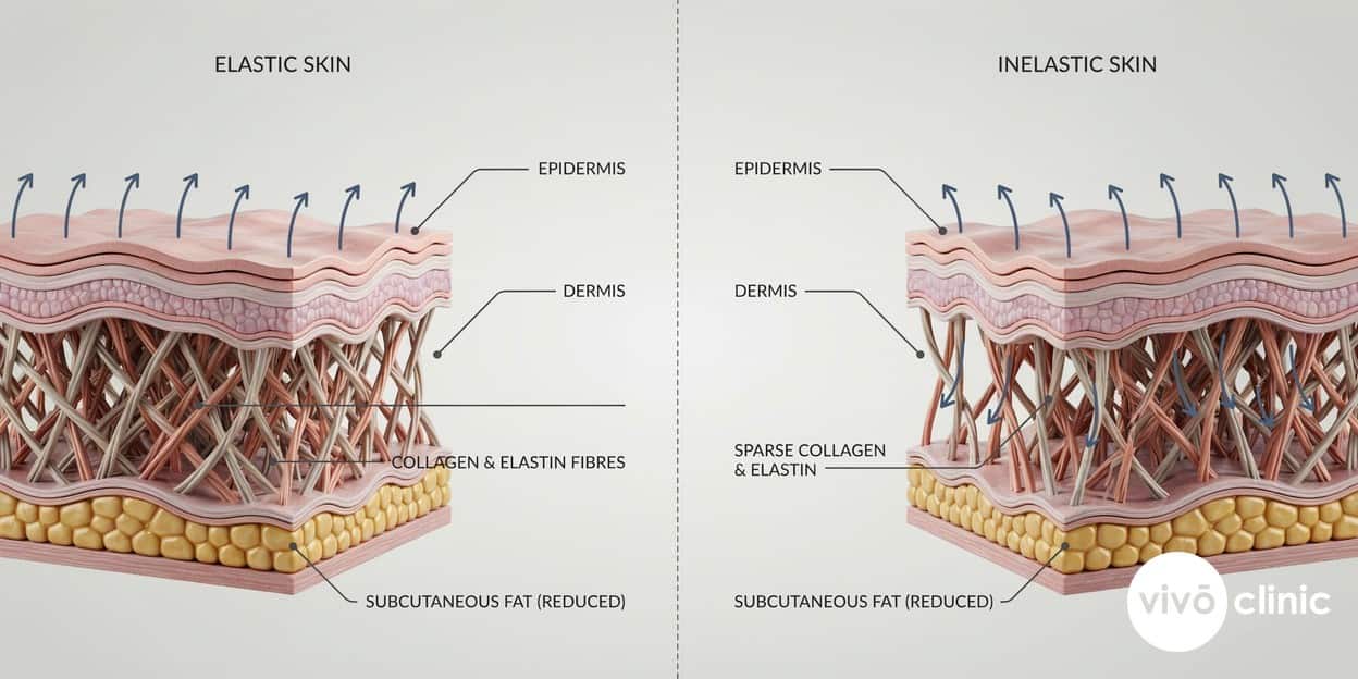Photorealistic cross-section render of skin and subcutaneous fat showing collagen and elastin fibres in the dermis, with arrows illustrating how elastic skin retracts smoothly over a reduced fat layer while inelastic skin sags