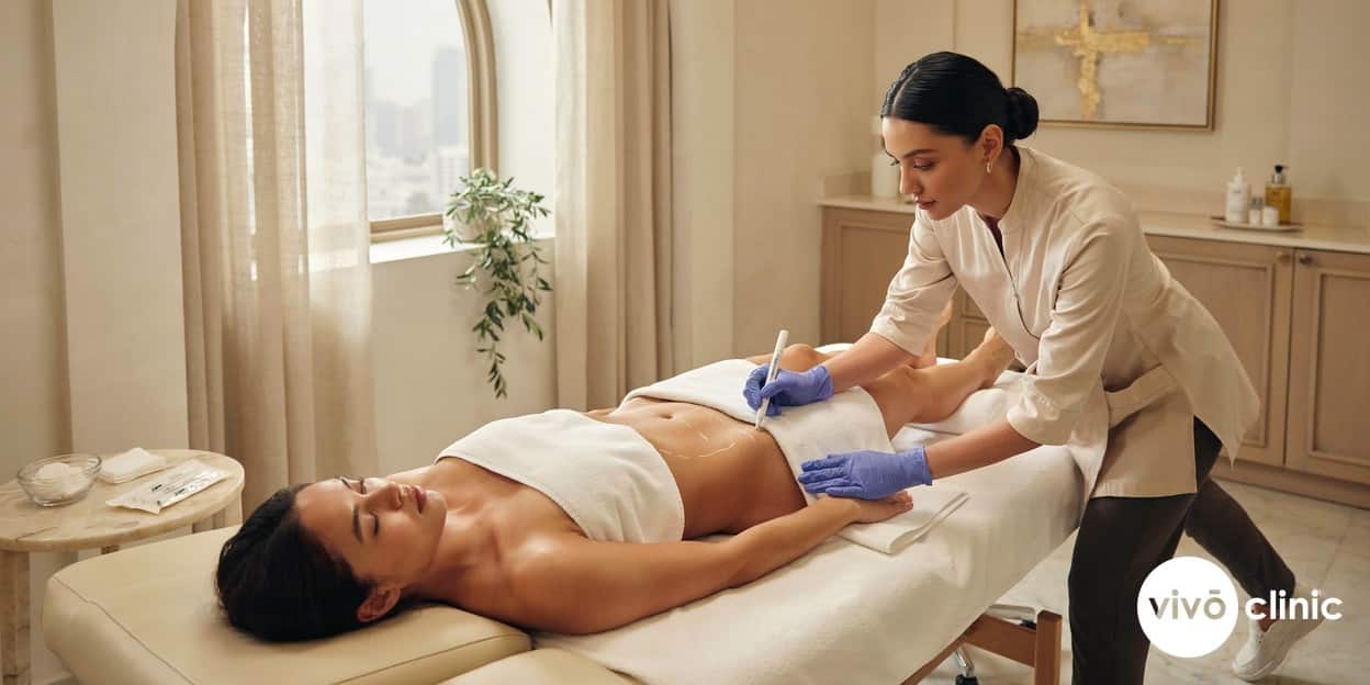 Middle Eastern practitioner in modest attire drawing white cosmetic marking lines on a female client’s abdomen during a body contouring assessment at VIVO Clinic Dubai, with no device or handpiece in frame