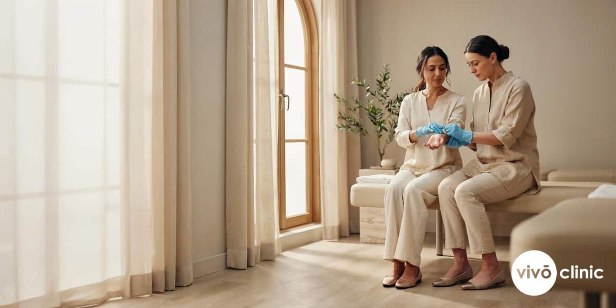 Middle Eastern woman in modest dress having her skin gently assessed with a pinch test during a body contouring consultation at VIVO Clinic Dubai